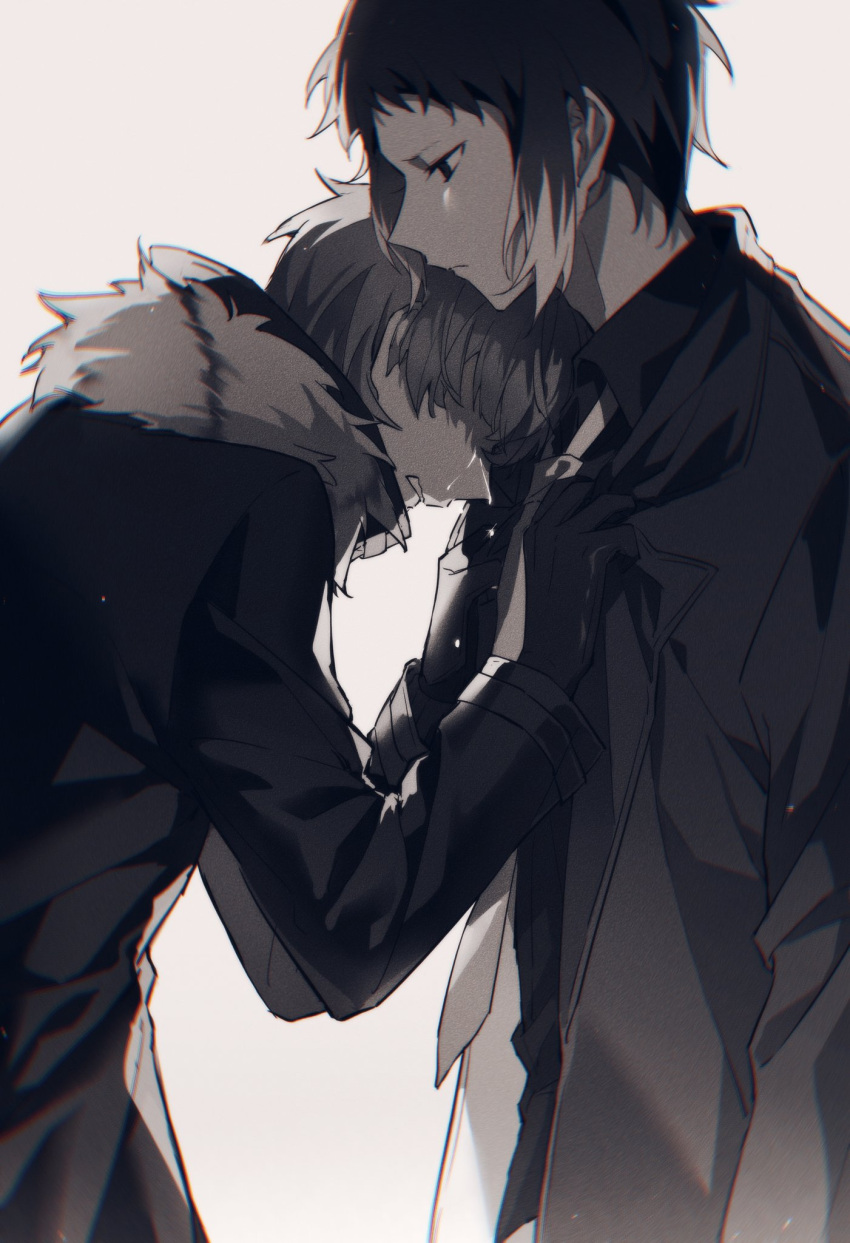 2boys akat42273008 akutagawa_ryuunosuke_(bungou_stray_dogs) bungou_stray_dogs closed_mouth collared_shirt cowboy_shot crying fur-trimmed_jacket fur_trim gloves greyscale hands_on_another's_chest highres jacket male_focus monochrome multicolored_hair multiple_boys nakajima_atsushi_(bungou_stray_dogs) necktie profile shirt short_hair simple_background standing two-tone_hair