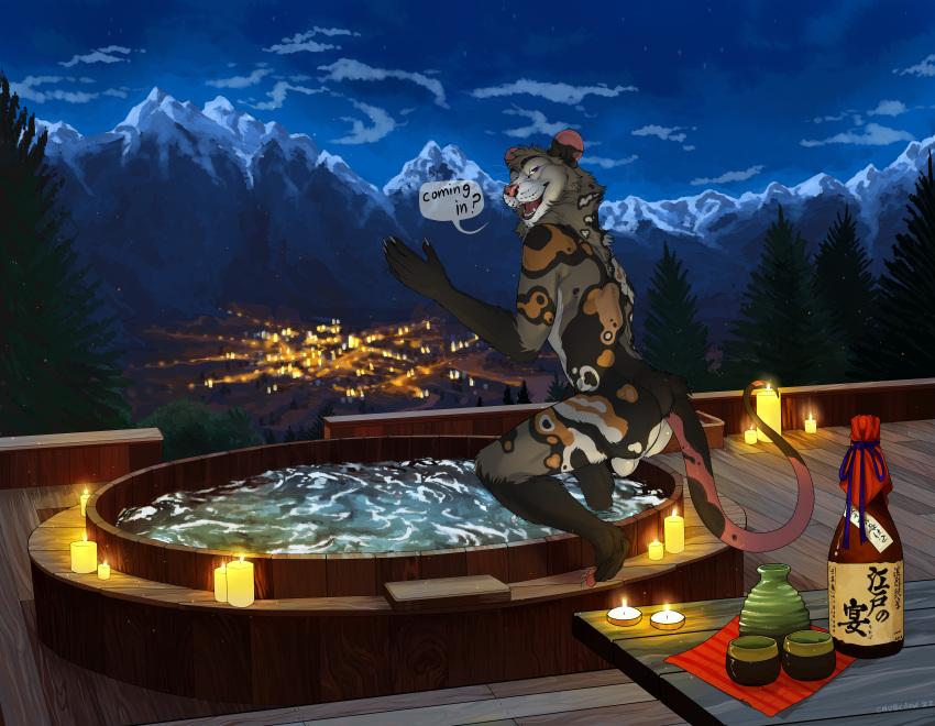 absurd_res african_wild_dog alcohol american_opossum anthro avery_(weisyl) backsack balls beverage brown_body brown_fur butt candle canid canine chubchow clawed_hands claws detailed_background dialogue forest forest_background fur genitals hi_res hot_tub hybrid looking_at_viewer looking_back male mammal markings marsupial mountain nature nature_background night open_mouth orange_body orange_fur partially_submerged pink_tail plant purple_eyes sky solo speech_bubble standing_in_water tail tail_markings talking_to_viewer toe_claws tree water white_body white_fur