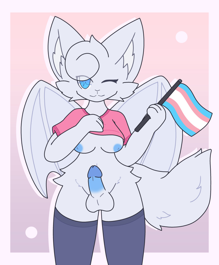 absurd_res anonymous_artist bat breasts dust:_an_elysian_tail flag genitals hi_res holding_flag holding_object intersex intersex/male lgbt_pride male mammal nimbat penis pride_colors solo trans_(lore) transgender_pride_colors