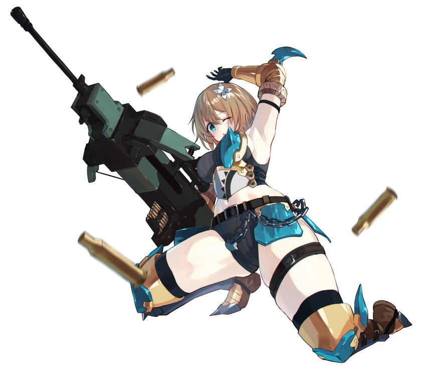 1girl absurdres aogiri_koukou arm_strap arm_up armor armpits belt black_belt black_gloves blue_eyes blurry blurry_foreground boots bracer breasts brown_belt brown_footwear brown_hair bullet chain flower gloves grey_shorts gun hair_flower hair_ornament highres holding holding_gun holding_weapon kkix25 kurikoma_komaru leg_armor machine_gun midriff navel one_eye_closed shell_casing short_hair shorts solo thigh_belt thigh_strap virtual_youtuber weapon white_flower