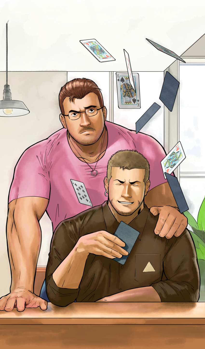 2boys absurdres artist_request bara beard_stubble card club_(shape) dark-skinned_male dark_skin diamond_(shape) earrings glasses hair_slicked_back hand_on_another's_shoulder happy highres indoors jack_(playing_card) jewelry king_(playing_card) magic_trick male_focus mature_male multiple_boys muscular muscular_male mustache_stubble original pink_shirt playing_card queen_(playing_card) shirt short_hair single_earring spade_(shape) thick_eyebrows upper_body