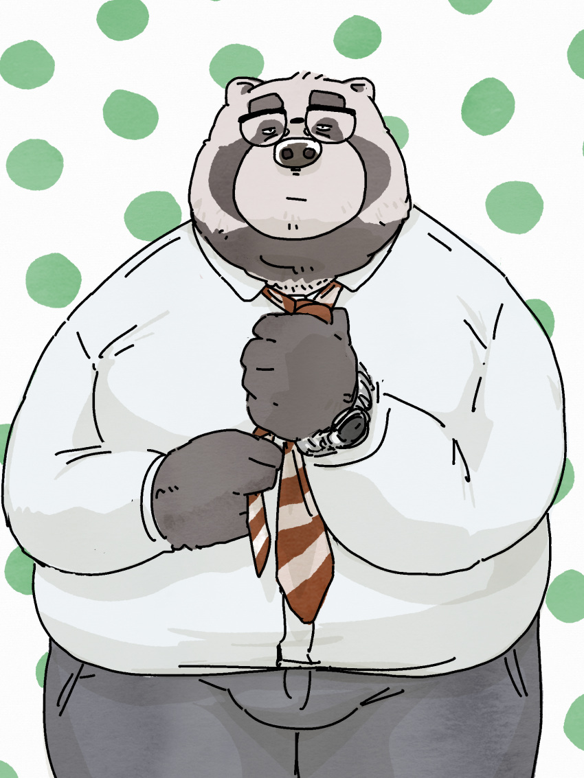 2023 anthro bottomwear canid canine clothing eyewear glasses hi_res humanoid_hands kemono male mammal necktie overweight overweight_male pants pommn_mn raccoon_dog shirt solo tanuki topwear