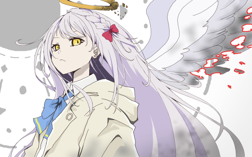 1girl angel angel_chan_(tuyu) angel_wings blue_ribbon braid brown_jacket closed_mouth collared_shirt doro_no_bunzai_de_watashi_dake_no_taisetsu_wo_ubaou_da_nante fallen_angel grey_hair hair_ribbon halo highres jacket long_hair neck_ribbon noah_ark38 red_ribbon ribbon shirt tuyu_(band) white_shirt wings yellow_eyes