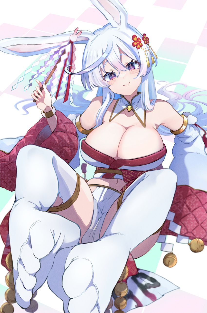 1girl animal_ears bare_shoulders blush bracelet breasts cleavage collarbone crop_top detached_collar detached_sleeves feet genderswap genderswap_(mtf) hair_between_eyes hair_ornament highres japanese_clothes jewelry kamiya_zuzu large_breasts legs loincloth long_hair looking_at_viewer miko navel no_shoes original pelvic_curtain pom_pom_(clothes) purple_eyes rabbit_ears rabbit_girl smile solo thighhighs toes very_long_hair wide_sleeves