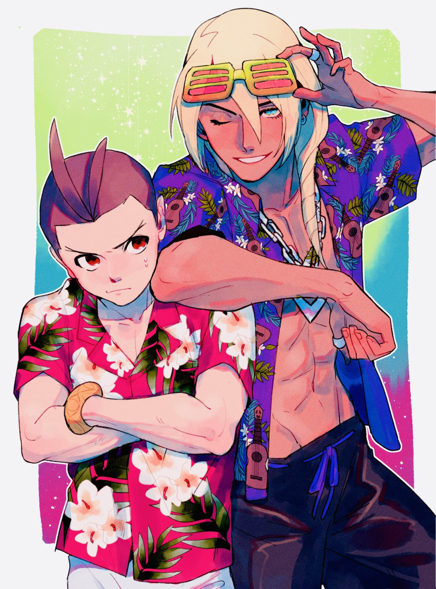 2boys abs ace_attorney adjusting_eyewear annoyed antenna_hair apollo_justice aqua_eyes arm_on_another's_shoulder arm_rest beachricefield black_pants blonde_hair border bracelet brown_hair chain_necklace closed_mouth collared_shirt cowboy_shot crossed_arms dark-skinned_male dark_skin drawstring drill_hair earrings eyewear_on_head fingernails floral_print forked_eyebrows grin guitar_print hair_between_eyes hawaiian_shirt highres jewelry klavier_gavin leaf_print long_hair looking_at_another looking_at_viewer male_focus multicolored_background multiple_boys necklace one_eye_closed open_clothes open_collar open_shirt outline outside_border pants pink_shirt plant_print print_shirt purple_shirt red_eyes shirt short_hair short_sleeves shutter_shades single_earring smile smug sparkle sweat thumb_ring toned toned_male v-shaped_eyebrows white_border white_outline