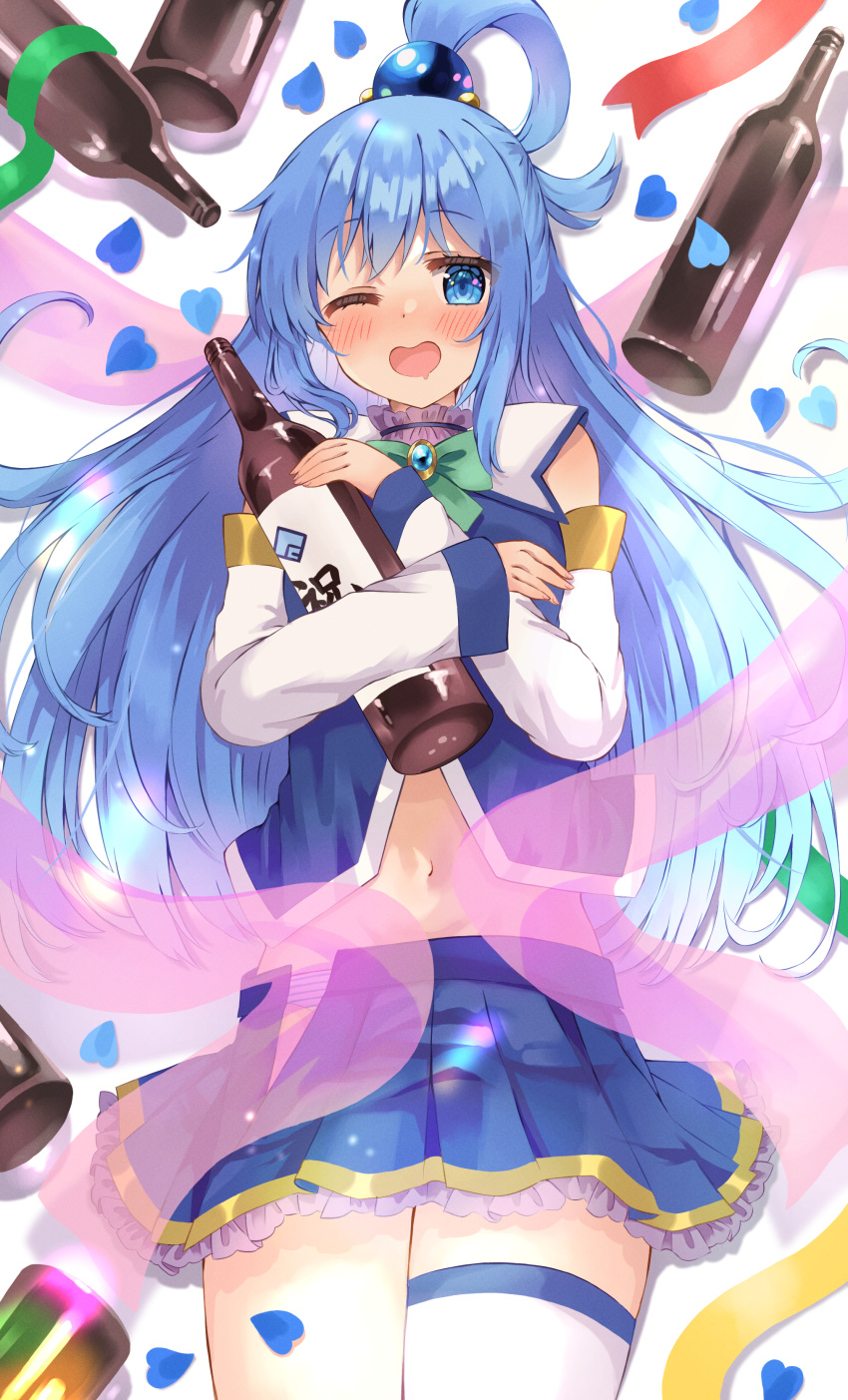 1girl absurdres aqua_(konosuba) blue_eyes blue_hair blue_panties blue_petals blue_shirt blue_skirt blush bottle choker cowboy_shot detached_sleeves frilled_skirt frills green_ribbon hair_ornament highres holding holding_bottle kono_subarashii_sekai_ni_shukufuku_wo! long_hair looking_at_viewer miniskirt navel neck_ribbon one_eye_closed open_clothes open_mouth open_skirt panties petals pink_choker ribbon shirt single_hair_ring single_thighhigh skirt sleeveless sleeveless_shirt solo striped striped_panties thighhighs underwear white_panties white_sleeves yuno_(suke_yuno)