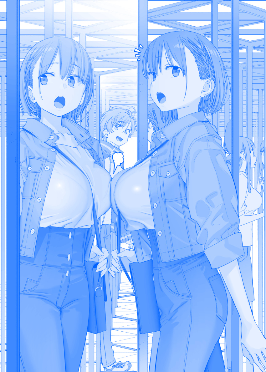 ai-chan's_sister_(tawawa) ai-chan_(tawawa) between_breasts blue_theme breasts getsuyoubi_no_tawawa highres himura_kiseki large_breasts reflection short_hair strap_between_breasts volley-bu-chan_(tawawa)