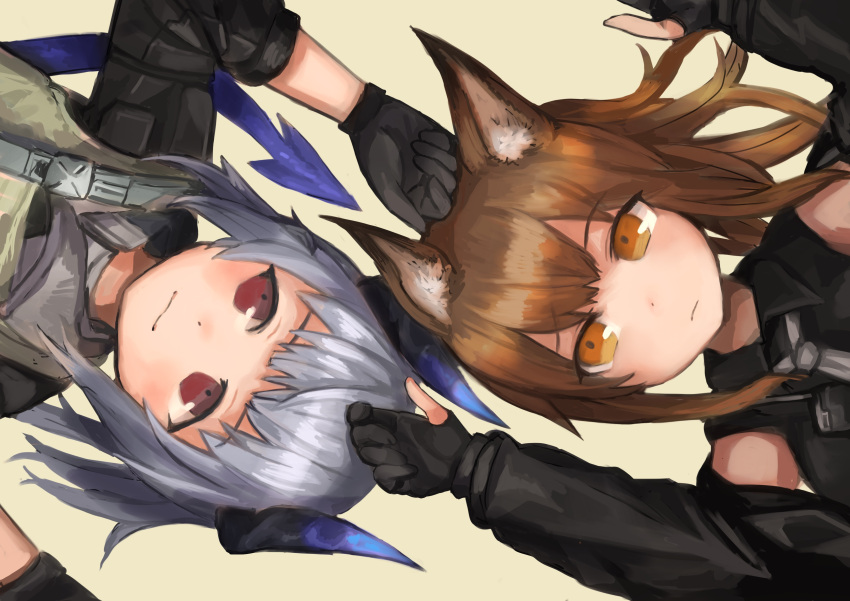 2girls absurdres animal_ears arknights arm_up black_gloves black_horns black_jacket black_shirt brown_hair buchi0122 closed_mouth collared_shirt eyes_visible_through_hair fox_ears fox_girl franka_(arknights) gloves grey_hair hand_on_another's_head highres horns jacket light_blush light_smile liskarm_(arknights) long_hair long_sleeves looking_at_another looking_to_the_side multiple_girls off_shoulder orange_eyes partially_fingerless_gloves purple_horns red_eyes shirt sideways_glance simple_background sleeveless sleeveless_shirt tactical_clothes yellow_background