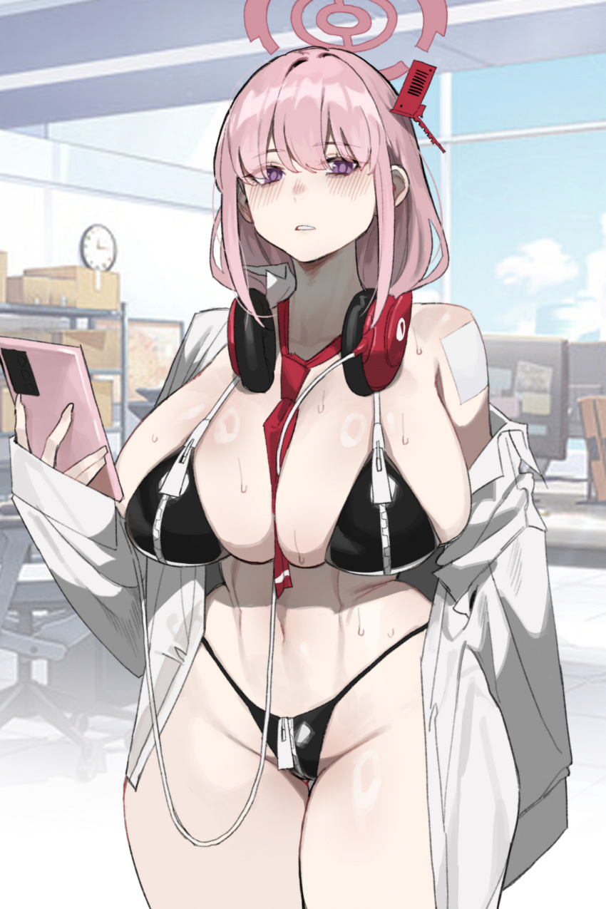 1girl absurdres bikini black_bikini blue_archive blush breasts cellphone cowboy_shot eimi_(blue_archive) groin halo highres holding holding_phone huge_breasts long_hair long_sleeves looking_at_viewer mimyo navel open_mouth phone pink_hair pink_halo purple_eyes shirt smartphone solo sweat swimsuit textless_version thigh_gap white_shirt zipper zipper_bikini