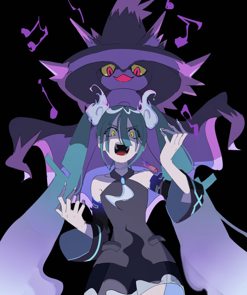 1girl absurdres angry aqua_hair bare_shoulders beamed_eighth_notes black_skirt black_sleeves colored_sclera commentary detached_sleeves eighth_note ghost_miku_(project_voltage) glitch gradient_hair grey_shirt hair_between_eyes hands_up hat hatsune_miku highres long_hair looking_at_viewer mirai_(3ra1_373) mismagius multicolored_hair music musical_note necktie open_mouth pale_skin pokemon pokemon_(creature) project_voltage purple_headwear quarter_note red_eyes see-through see-through_skirt shaded_face shirt singing skirt smile solo twintails v-shaped_eyebrows very_long_hair vocaloid white_hair white_necktie wide_sleeves will-o'-the-wisp_(mythology) witch_hat yellow_eyes yellow_sclera