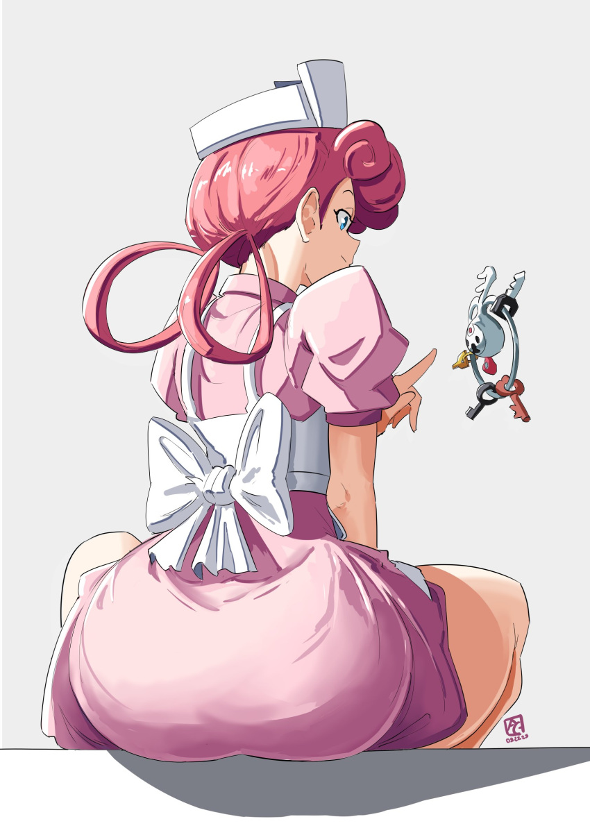 1girl apron artist_logo ass ass_focus automatic_giraffe blue_eyes closed_mouth commentary dated dress english_commentary from_behind hair_rings hat highres index_finger_raised joy_(pokemon) klefki long_hair nurse nurse_cap pink_dress pink_hair pokemon pokemon_(anime) pokemon_(creature) profile puffy_short_sleeves puffy_sleeves shadow short_sleeves simple_background smile split_mouth white_apron white_background white_headwear