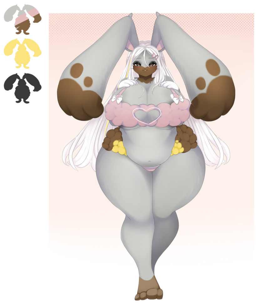 &lt;3 &lt;3_eyes accessory anthro areola areola_slip big_breasts big_ears bra breasts brown_body brown_fur clothing diggersby dipstick_ears dipstick_limbs ears_down eyelashes female fur generation_6_pokemon grey_body grey_eyes grey_fur hadzukonami hair hair_accessory heart_cutout hi_res huge_breasts long_hair looking_at_viewer multicolored_ears navel nintendo overweight overweight_female panties pink_background pink_bra pink_clothing pink_panties pink_underwear pivoted_ears pokemon pokemon_(species) simple_background smile solo thick_thighs underwear whiskers white_background white_body white_fur white_hair wide_hips yellow_body yellow_fur