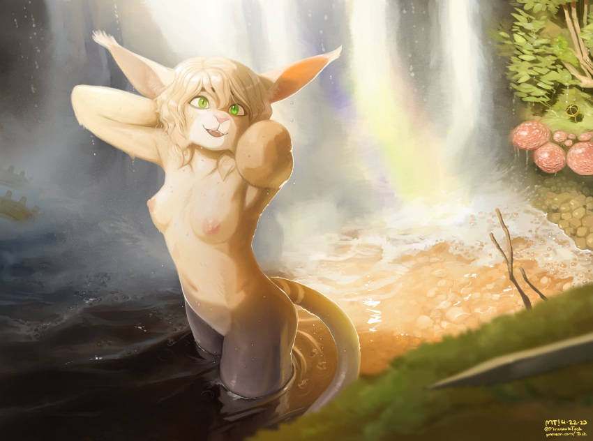 absurd_res anthro arasha_(the-minuscule-task) bathing bethesda_softworks blonde_hair breasts cute_fangs detailed_background felid female fog fur green_eyes hair hi_res khajiit looking_at_viewer mammal nature nipples nude open_mouth outside partially_submerged pupils rainbow slit_pupils smile solo standing_in_water tan_body tan_fur the-minuscule-task the_elder_scrolls waterfall