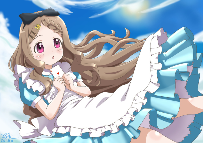 1girl alice_(alice_in_wonderland) alice_(alice_in_wonderland)_(cosplay) alice_in_wonderland aoba_kokona apron artist_name blush bow card cloud cosplay dated day dress hair_bow hair_ornament hairclip heart highres holding holding_card long_hair maisama open_mouth purple_eyes sky solo sun white_apron yama_no_susume
