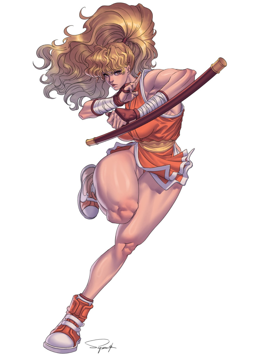 1girl blonde_hair final_fight genryuusai_maki highres muscular muscular_female ninja ponytail purple_eyes running shoes sneakers superbull thighs tonfa weapon