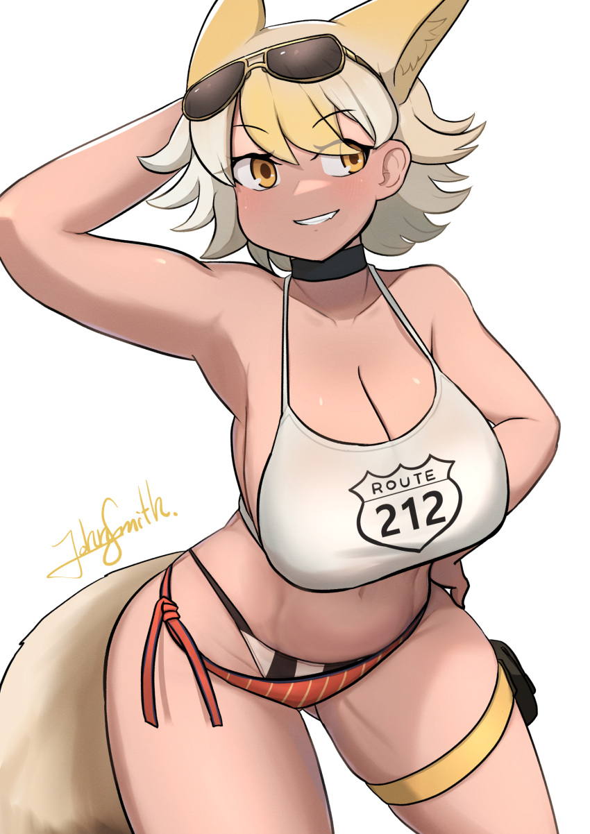 1girl animal_ear_fluff animal_ears bare_shoulders bikini blonde_hair breasts choker cleavage coyote_(kemono_friends) crop_top eyewear_on_head highres huge_breasts john_(a2556349) kemono_friends kemono_friends_v_project midriff multicolored_hair navel short_hair side-tie_bikini_bottom simple_background sleeveless smile solo stomach sunglasses swimsuit tail virtual_youtuber wolf_ears wolf_tail yellow_eyes