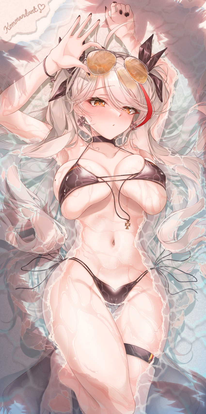 1girl absurdres antenna_hair armpits arms_up azur_lane bare_shoulders bikini black_bikini black_choker black_ribbon blush breasts choker cleavage collarbone eyewear_on_head hair_ribbon highres large_breasts long_hair looking_at_viewer lying multicolored_hair navel official_alternate_costume on_back orange_eyes parted_lips prinz_eugen_(azur_lane) prinz_eugen_(unfading_smile)_(azur_lane) ribbon ru_251 solo streaked_hair sunglasses swept_bangs swimsuit thigh_strap thighs two_side_up variant_set water wet white_hair