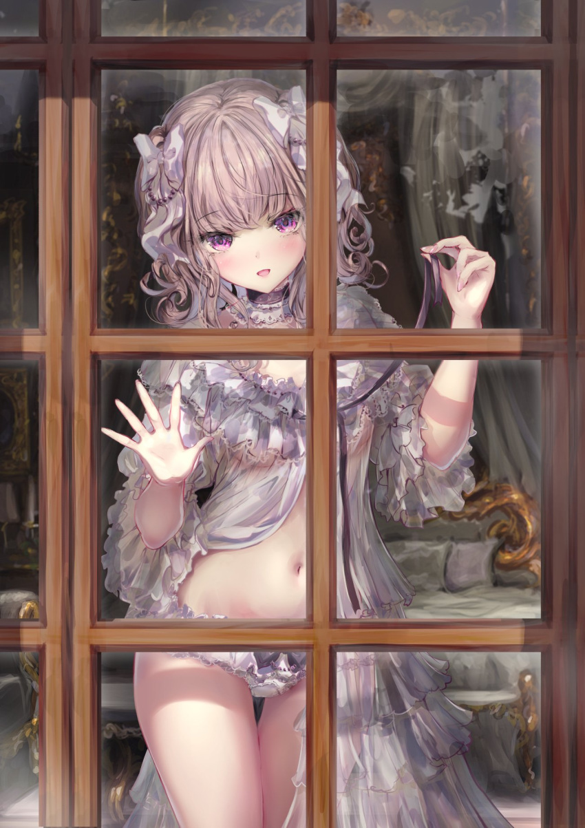 1girl babydoll bed bedroom black_bow black_ribbon blush bow breasts choker commentary cowboy_shot curly_hair frilled_choker frilled_panties frills from_outside hair_bow hand_on_window highres holding holding_ribbon legs light_brown_hair looking_at_viewer looking_outside medium_hair midriff missile228 navel open_mouth original panties purple_eyes ribbon see-through short_sleeves small_breasts solo standing thigh_gap underwear untying white_bow white_panties window