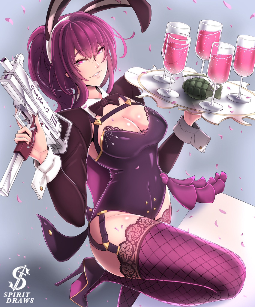 1girl animal_ears artist_name black_bow black_bowtie bow bowtie breasts cleavage commentary english_commentary explosive fake_animal_ears garter_straps glass grenade gun high_heels highres holding holding_gun holding_tray holding_weapon honkai:_star_rail honkai_(series) kafka_(honkai:_star_rail) lace-trimmed_legwear lace_trim leotard long_hair looking_at_viewer playboy_bunny ponytail purple_eyes purple_hair purple_leotard purple_thighhighs rabbit_ears shrug_(clothing) smile solo spiritdraws strapless strapless_leotard thighhighs tray weapon wrist_cuffs