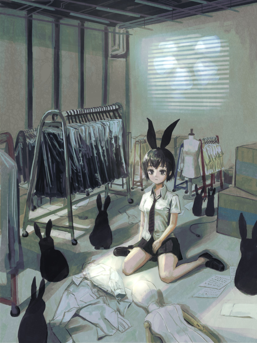 1girl absurdres animal black_eyes black_footwear black_hair black_hairband black_necktie black_rabbit_(animal) black_skirt clothes clothes_rack collared_shirt hairband highres indoors looking_at_viewer mannequin necktie okura_lino original rabbit scenery seiza shirt short_hair sitting skirt solo white_shirt