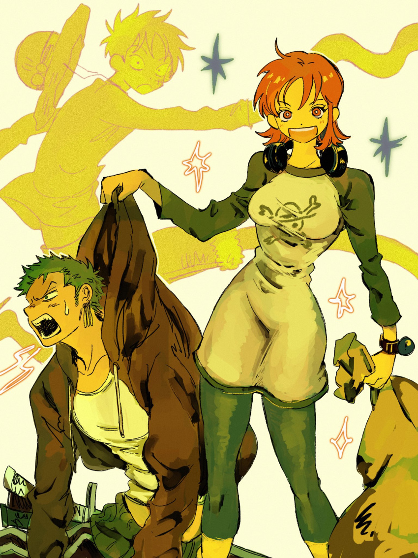 1girl 2boys bracelet breasts collarbone commentary earrings feet_out_of_frame green_hair hat headphones headphones_around_neck headwear_removed highres holding holding_sack hood hoodie jewelry jolly_roger katana light_blush log_pose long_sleeves looking_at_viewer makenevemoiine medium_breasts monkey_d._luffy multiple_boys nami_(one_piece) one_piece open_clothes open_hoodie open_mouth orange_eyes orange_hair roaring roronoa_zoro sack scar scar_on_cheek scar_on_face sheath sheathed shirt short_hair shorts smile sparkle straw_hat straw_hat_pirates straw_hats_jolly_roger stretched_limb sweatdrop sword teeth upper_teeth_only weapon white_shirt