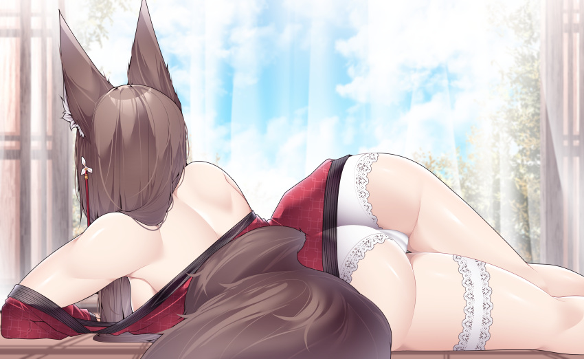 1girl absurdres amagi_(azur_lane) animal_ears ass azur_lane back blue_sky breasts brown_hair cleavage cloud commentary_request curtains facing_away feet_out_of_frame flower fox_ears fox_girl fox_tail hair_flower hair_ornament highres japanese_clothes kimono lace-trimmed_panties lace_trim large_breasts long_hair panties red_kimono samip sideboob sky solo tail thigh_strap thighs underwear white_panties