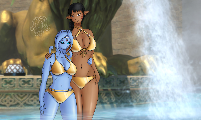 2023 absurd_res big_breasts bikini bikini_bottom bikini_top black_hair black_sclera blue_eyes breasts circlet clothing digital_drawing_(artwork) digital_media_(artwork) dragon_ball dragon_ball_xenoverse duo el_nacho elezen elf embrace eyebrows facial_tattoo female final_fantasy final_fantasy_xiv fountain gold_bikini grey_eyes hair hand_on_hip hand_on_shoulder hi_res hug humanoid humanoid_pointy_ears karen_(el_nacho) long_hair looking_at_viewer majin navel not_furry pink_gem pool red_tattoo roelle_aubierault screencap screencap_background shaded side_hug square_enix swimwear tattoo water wet_legs