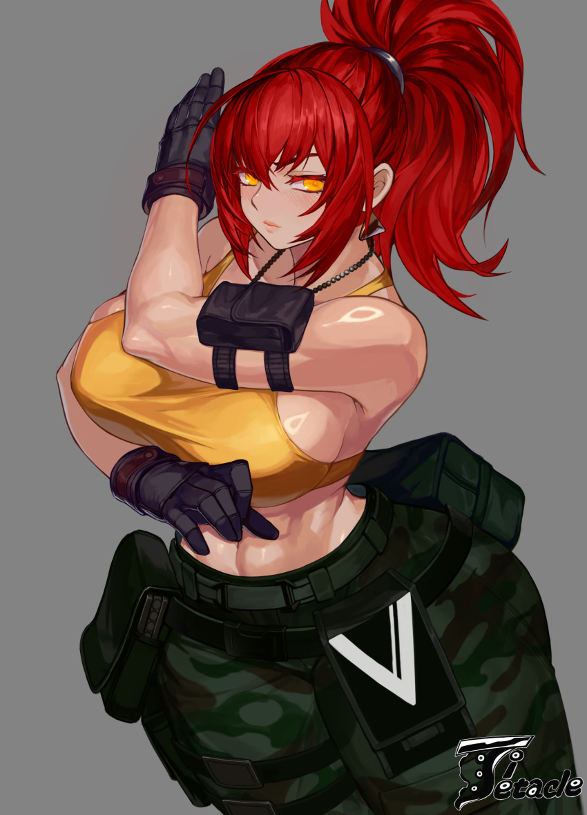 absurdres ammunition_pouch artist_name bare_shoulders breasts camouflage camouflage_pants cargo_pants crop_top dark_persona dog_tags earrings gloves highres jewelry large_breasts leona_heidern muscular muscular_female orochi_leona pants ponytail pouch red_hair sleeveless soldier tank_top the_king_of_fighters the_king_of_fighters_xv triangle_earrings ttt_(titatuem) yellow_eyes yellow_tank_top