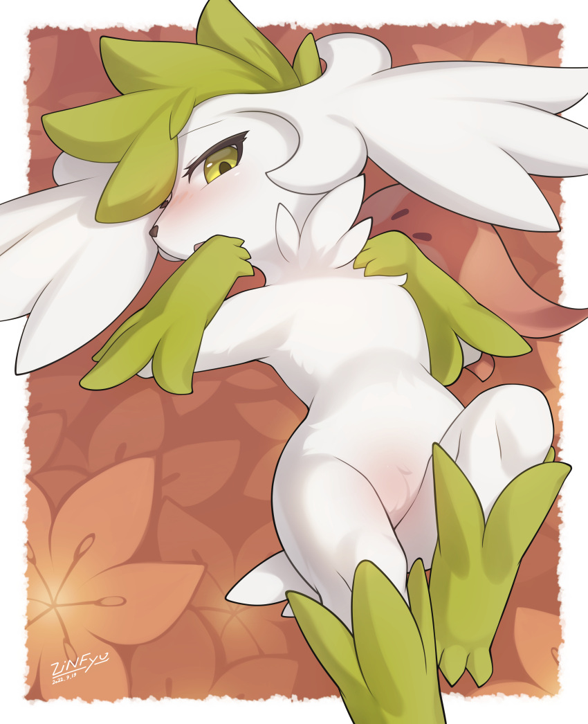 absurd_res anthro blush border featureless_chest featureless_crotch female flower_bed fur generation_4_pokemon green_body green_eyes green_fur hi_res legendary_pokemon lying nintendo on_back pokemon pokemon_(species) semi-anthro shaymin sky_forme_shaymin solo suggestive white_body white_fur zinfyu