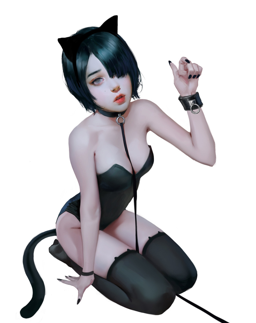 1girl absurdres animal_ears bare_shoulders black_hair black_leotard black_nails black_thighhighs bracelet breasts cat_ears cat_tail cleavage collar fake_animal_ears full_body grey_eyes hair_over_one_eye hand_up highres jewelry jwhs10 kittysuit leash leotard looking_at_viewer medium_breasts mole mole_on_cheek nontraditional_playboy_bunny original parted_bangs parted_lips petite red_lips short_hair solo strapless strapless_leotard tail thighhighs white_background