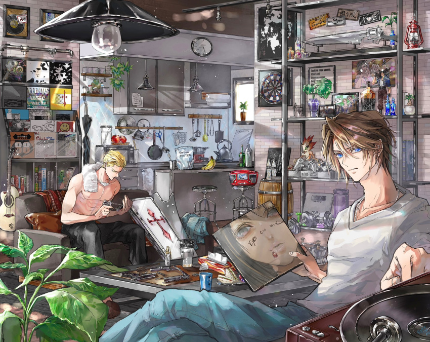 2boys alcohol apple banana bar_stool barrel black_pants blonde_hair blue_eyes blue_pants book bottle brown_hair chain_necklace clock closed_eyes coffee_table couch crossed_legs cup cupboard cutting_board dartboard denim dumbbell edea_kramer eni_(yoyogieni) figure final_fantasy final_fantasy_viii food fruit fuujin_(ff8) game_console grey_eyes guitar gun gunblade hair_between_eyes hair_slicked_back highres holding_record indoors instrument jeans jewelry kettle kitchen ladle laguna_loire lantern light light_bulb male_focus microwave moomba multiple_boys muscular muscular_male necklace on_couch pants paper_towel paper_towel_holder phonograph pillow plant playstation_1 playstation_controller radio raijin_(ff8) record rinoa_heartilly sabotender scar scar_on_face scar_on_forehead seifer_almasy shelf shirt short_hair sitting spatula squall_leonhart stool table tea tissue_box tongs topless_male towel towel_around_neck v-neck weapon whiskey white_shirt window