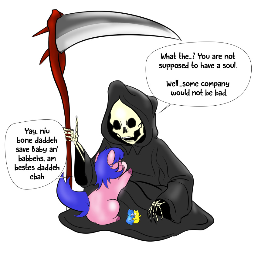 absurd_res ambiguous_gender baby_talk blue_body blue_fur blue_hair bone clothing death_(personification) dialogue english_text female feral fluffy_pony fluffy_pony_(species) fur group hair hi_res humanoid inshi melee_weapon pink_body pink_fur polearm robe scythe simple_background skeleton text weapon white_background yellow_body yellow_fur