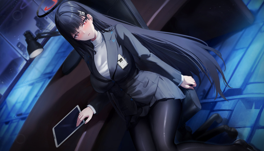 1girl absurdres black_jacket black_pantyhose black_skirt blazer blue_archive breasts chair desk desk_lamp hair_ornament hairclip halo highres id_card jacket kuutamo lamp large_breasts long_hair looking_at_viewer miniskirt office_chair pantyhose parted_lips red_eyes revision rio_(blue_archive) sitting skirt solo sweater swivel_chair tablet_pc turtleneck turtleneck_sweater very_long_hair window
