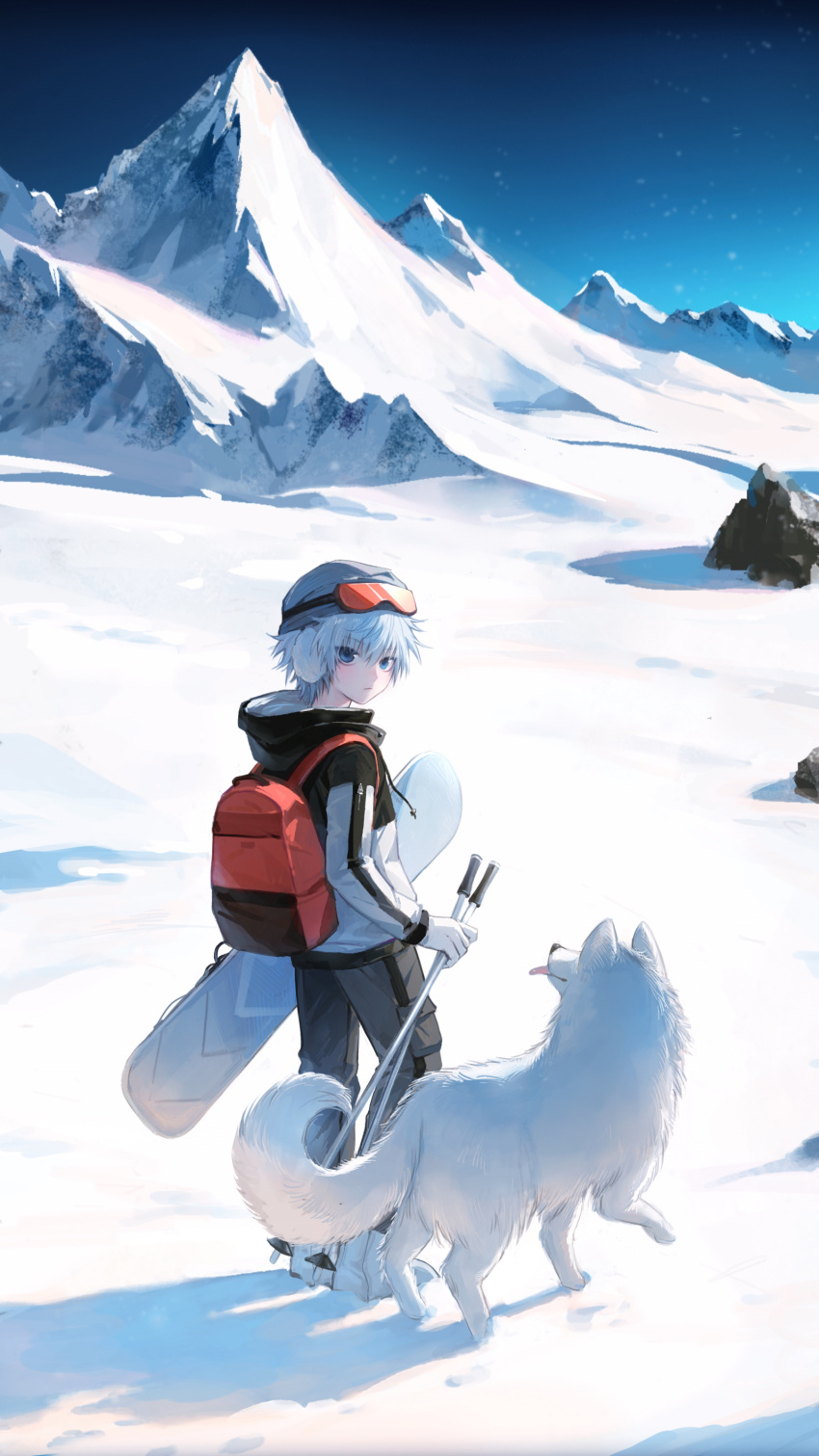 absurdres animal backpack bag beanie blue_eyes day dog earmuffs full_body goggles goggles_on_head grey_headwear hat highres holding hunter_x_hunter jacket kiko killua_zoldyck long_sleeves mountain outdoors pants rock ski_goggles sky snow snowboard standing tongue white_hair