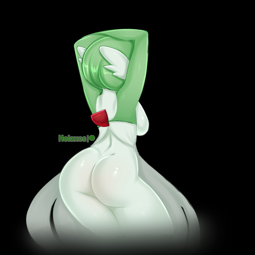 1:1 absurd_res black_background blush breasts butt female gardevoir generation_3_pokemon green_body green_hair hair hi_res holaxes humanoid nintendo nude pokemon pokemon_(species) rear_view simple_background sketch solo tasteful_nudity watermark white_body