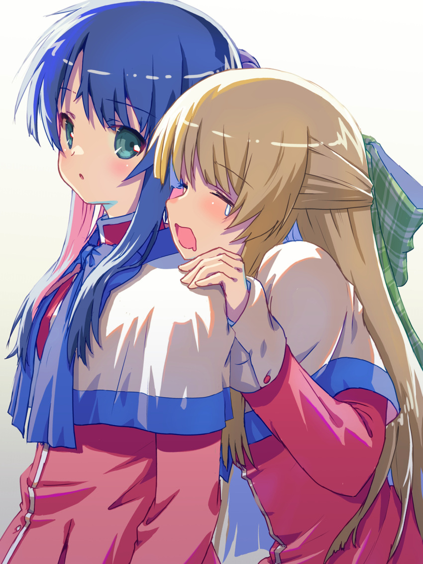 2girls akayama_yukihe blue_hair blush bow capelet closed_eyes commentary_request dress expressionless eyes_visible_through_hair green_bow green_eyes hair_between_eyes hair_bow half_updo hand_on_another's_shoulder highres hug hug_from_behind kanon kawasumi_mai kurata_sayuri light_brown_hair long_hair looking_at_another multiple_girls open_mouth parted_lips plaid plaid_bow red_dress sad school_uniform sidelocks simple_background tears upper_body wavy_mouth white_background white_capelet