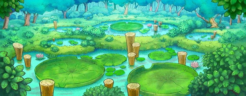 artist_request bush commentary day english_commentary flower forest fushigi_no_dungeon game_cg grass green_theme lily_pad lotus nature no_humans official_art outdoors pink_flower pokemon pokemon_(game) pokemon_mystery_dungeon pond scenery third-party_source tree water wide_shot