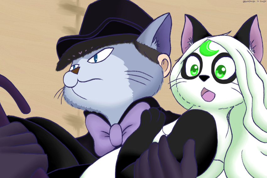 alternate_species anthro black_body black_fur black_nose blue_eyes blue_line_art bow_tie cane clothed clothing digital_media_(artwork) domestic_cat duo felid feline felis female fur fur_markings genitals ghibli gloves green_eyes grey_body grey_fur hair handwear hat headgear headwear ichimatsu_matsuno long_hair lunarpanda8686 male male/female mammal markings mika_(lunarpanda8686) mr._osomatsu multi_ear open_mouth parody princess_carry screencap_redraw shocked_expression simple_background suit the_cat_returns top_hat whiskers white_body white_fur white_hair