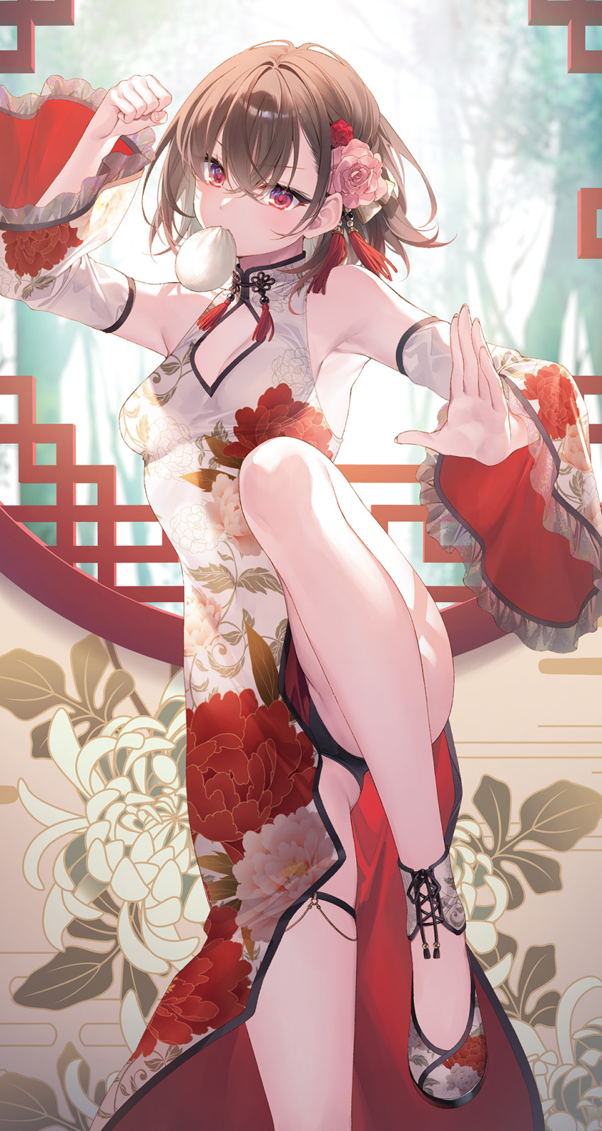 1girl armpits baozi bare_shoulders black_hair breasts china_dress chinese_clothes closed_mouth crossed_bangs detached_sleeves dress flower food food_in_mouth hair_between_eyes hair_flower hair_ornament hands_up highres leg_up long_sleeves looking_at_viewer medium_breasts novel_illustration official_art pink_flower red_eyes red_flower seiken_gakuin_no_maken_tsukai shary_corvette short_hair solo standing standing_on_one_leg toosaka_asagi wide_sleeves