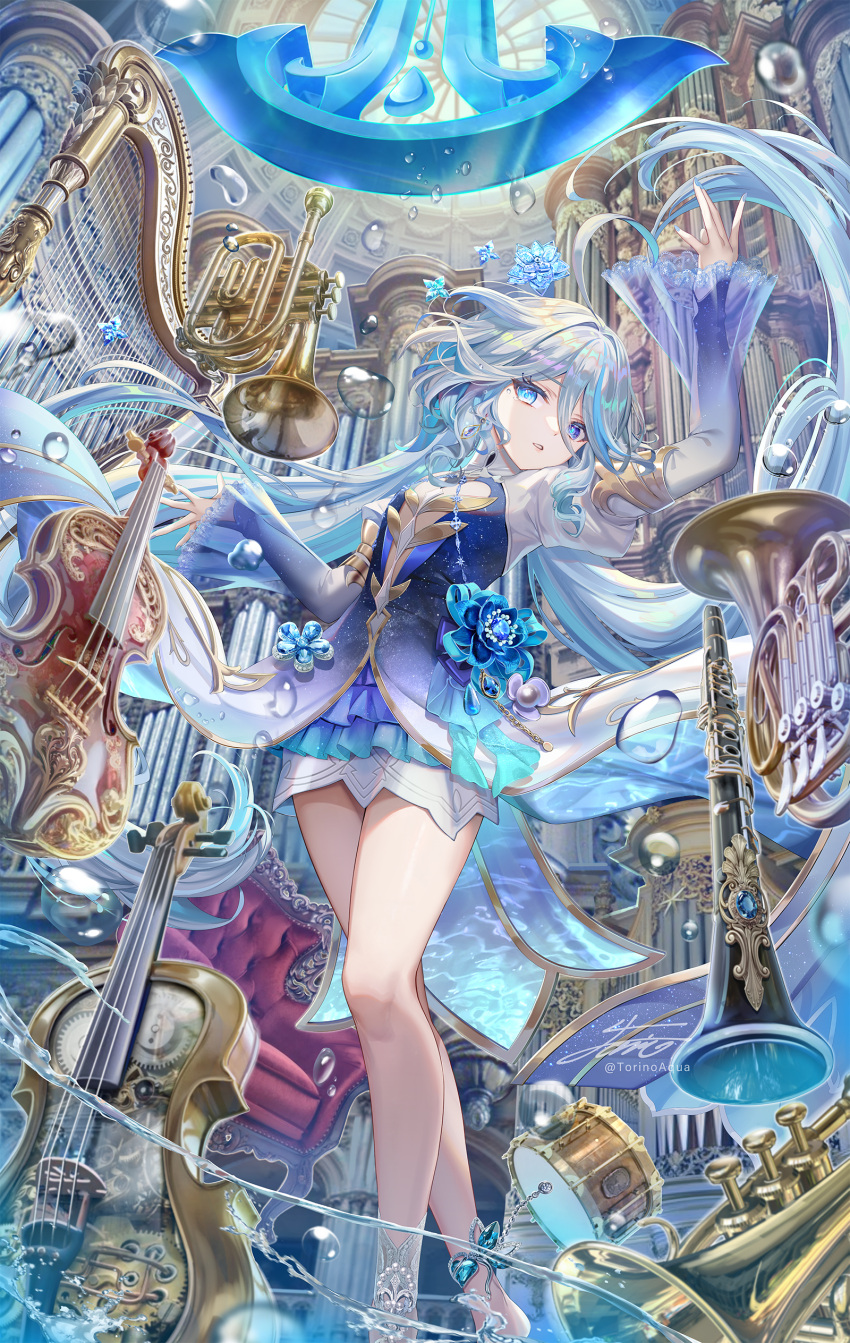1girl absurdres blue_brooch blue_eyes blue_hair closed_mouth cowlick dress flat_chest focalors_(genshin_impact) genshin_impact gradient_dress hair_between_eyes highres horn_(instrument) instrument juliet_sleeves light_blue_hair long_hair long_sleeves lute_(instrument) mismatched_pupils multicolored_hair multiple_girls parted_lips puffy_sleeves solo torino_aqua twintails very_long_hair violin water white_dress white_hair