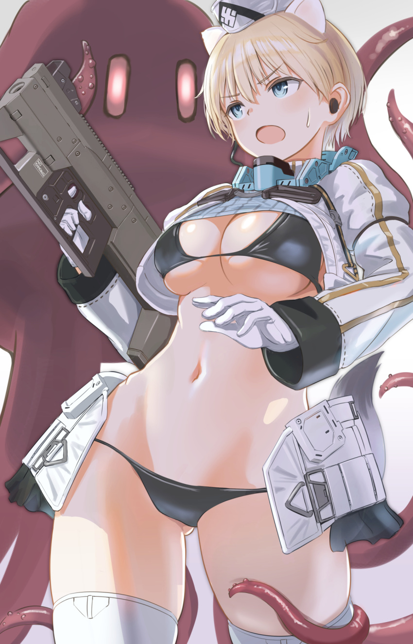 1girl animal_ears ass_visible_through_thighs bikini bikini_top_only blue_eyes brave_witches breasts cleavage cropped_jacket gun highres holding holding_gun holding_weapon large_breasts lowlegist navel nikka_edvardine_katajainen open_mouth panties revealing_clothes shiny_skin short_hair solo standing swimsuit tentacles underboob underwear weapon weasel_ears weasel_girl world_witches_series