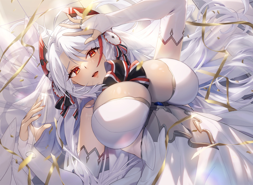 1girl azur_lane bare_shoulders breasts cleavage cup detached_sleeves dress drinking_glass highres large_breasts long_hair looking_at_viewer lying mimiko_(fuji_310) multicolored_hair nail_polish navel on_back parted_bangs parted_lips pink_lips prinz_eugen_(azur_lane) prinz_eugen_(symphonic_fate)_(azur_lane) red_eyes red_headwear ribbon sidelocks simple_background solo streaked_hair wedding_dress white_dress white_hair