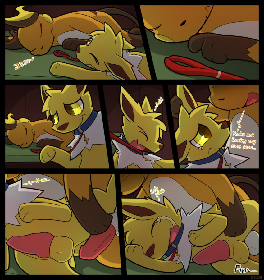 anal anal_penetration anthro collar comic dialogue duo eeveelution forced generation_1_pokemon hi_res holding_ear infinitydoom jolteon leash leash_pull male male/male nintendo penetration pokemon pokemon_(species) rai_(infinitydoom) raichu rape sleeping spooning waking_up yellow_eyes