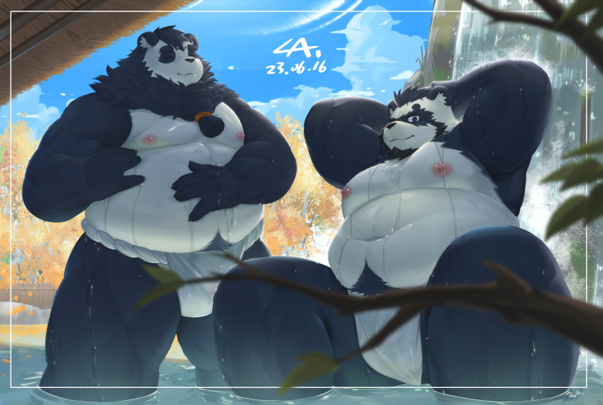 2023 absurd_res anthro asian_clothing bathing bear belly big_belly black_body black_nose cai1448331577 clothing detailed_background duo east_asian_clothing fundoshi giant_panda hi_res japanese_clothing kemono male mammal moobs nipples outside overweight overweight_male underwear water white_body white_clothing white_fundoshi white_underwear