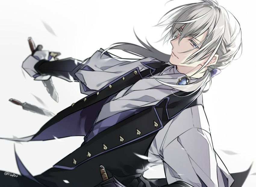 1boy ascot black_jacket blue_gemstone bow brooch closed_mouth dagger dual_wielding fire_emblem fire_emblem_fates gauntlets gem grey_hair hair_between_eyes hair_bow holding holding_dagger holding_knife holding_weapon icylove jacket jakob_(fire_emblem) jewelry knife lapels long_hair looking_at_viewer low_ponytail male_focus open_clothes open_jacket puff_and_slash_sleeves puffy_sleeves purple_bow purple_vest shirt sideways_glance simple_background sleeveless sleeveless_jacket solo upper_body vest weapon white_ascot white_background white_shirt
