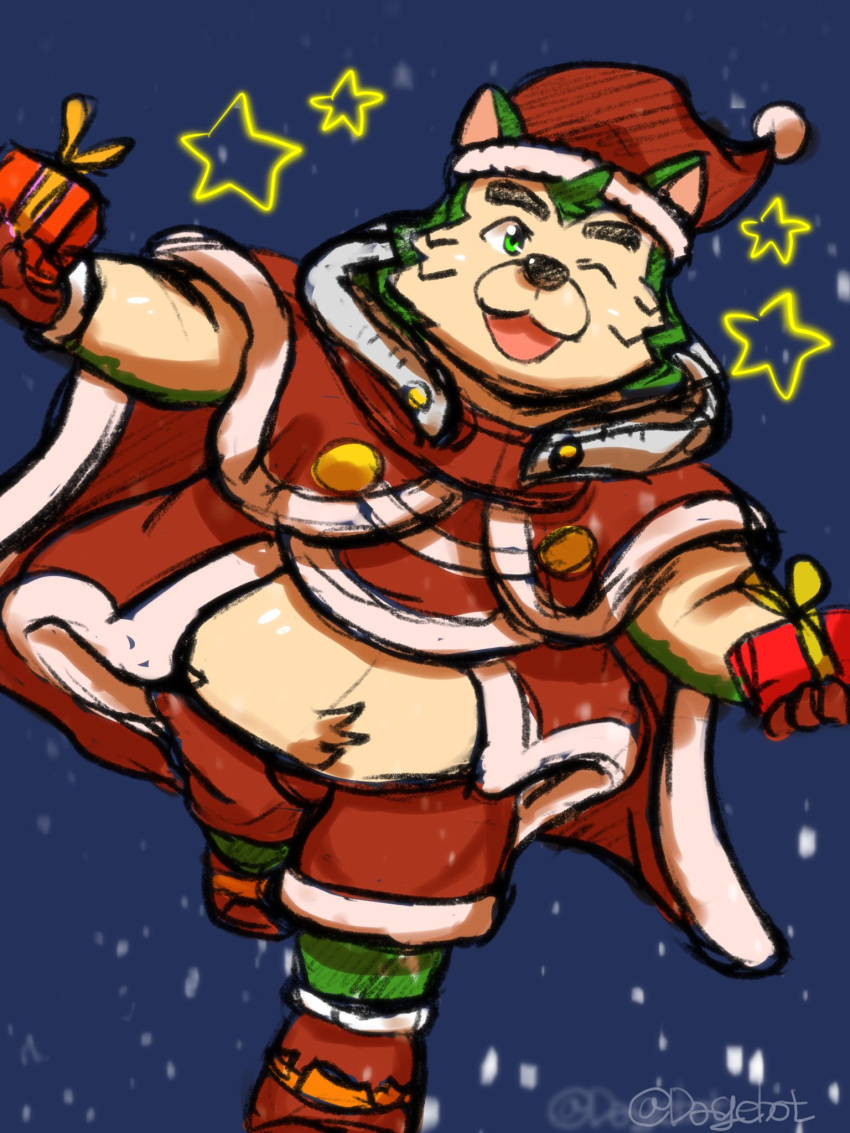 anthro belly belly_tuft bottomwear canid canine canis christmas christmas_clothing christmas_headwear clothing dagehot domestic_dog fur green_body green_eyes green_fur hat headgear headwear hi_res holidays lifewonders live_a_hero male mammal mokdai one_eye_closed overweight santa_hat shorts solo tuft wink