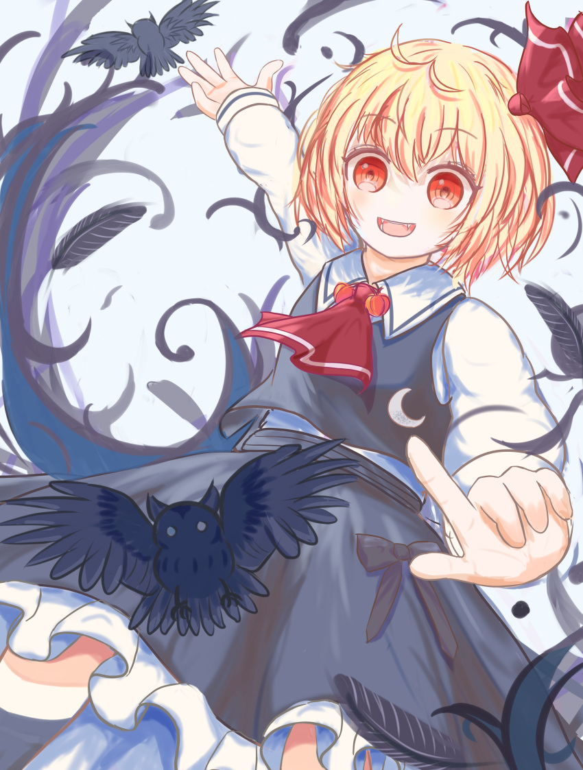 1girl :d absurdres ascot black_feathers black_skirt black_vest blonde_hair collared_shirt commentary_request crescent_print feathers frilled_skirt frills highres long_sleeves looking_at_viewer open_mouth red_ascot red_eyes ro.ro rumia shirt short_hair skirt smile solo spell_card touhou vest white_shirt