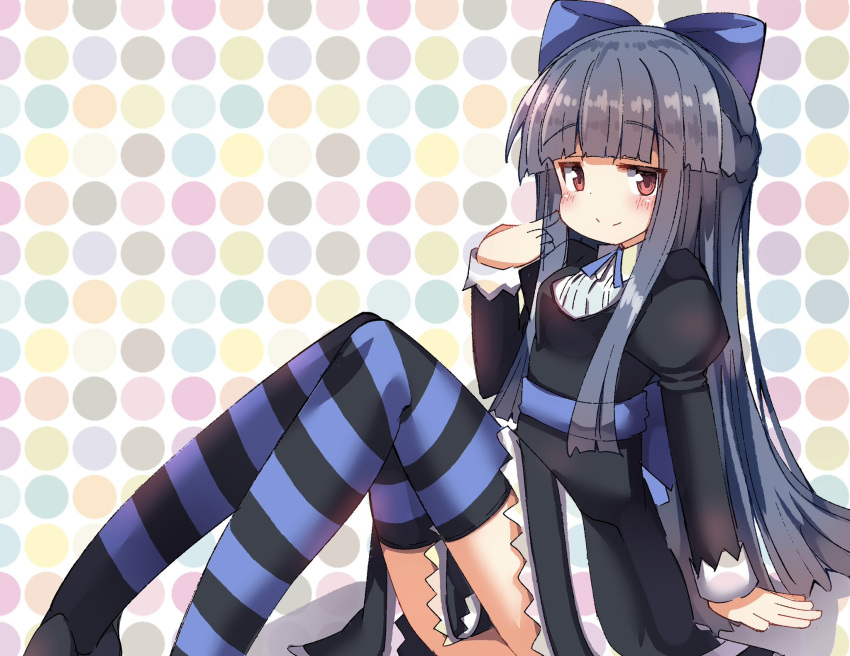 1girl arm_support black_dress blue_bow blue_hair blue_thighhighs blush bow commentary cosplay dot_nose dress finger_to_cheek hair_bow hand_up highres idolmaster idolmaster_cinderella_girls jitome juliet_sleeves long_hair long_sleeves looking_at_viewer multicolored_background polka_dot polka_dot_background puffy_sleeves red_eyes sajo_yukimi shadow sidelocks sitting smile solo stocking_(psg) stocking_(psg)_(cosplay) striped striped_thighhighs thighhighs thighs umberblack