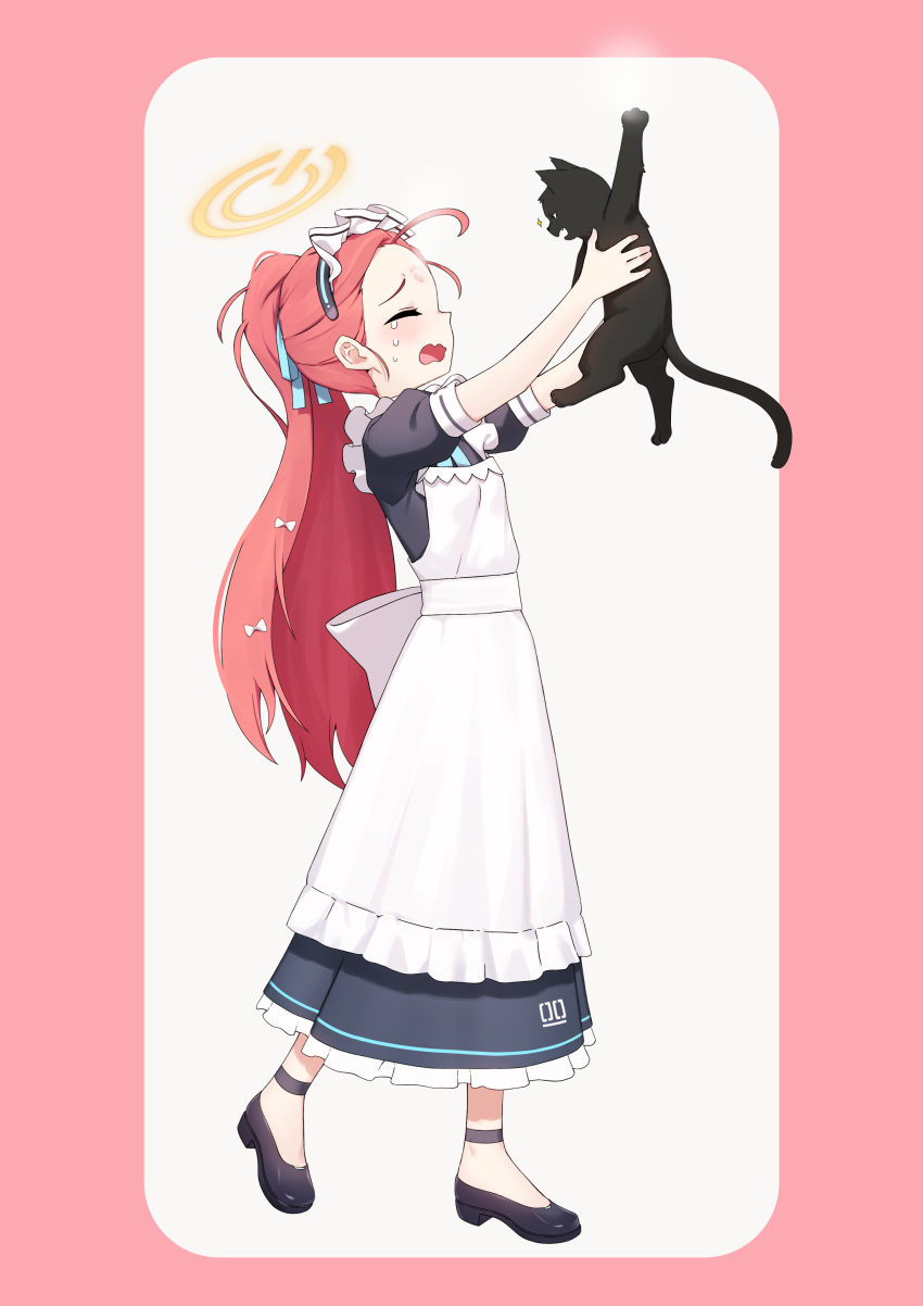 1girl absurdres ahoge animal apron artpatient black_footwear blue_archive blush cat commentary full_body halo highres holding holding_animal long_hair maid maid_apron maid_headdress official_alternate_costume open_mouth ponytail profile red_background red_hair shoes short_sleeves solo standing tears two-tone_background white_background yuzu_(blue_archive) yuzu_(maid)_(blue_archive)