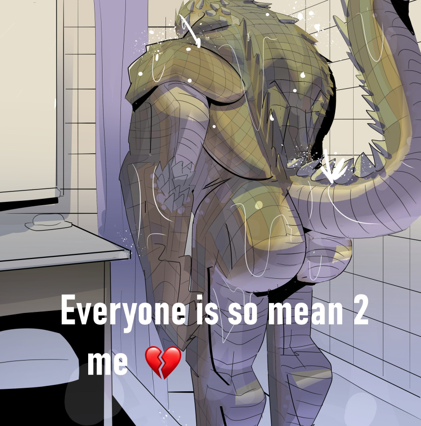 absurd_res anthro bathing big_butt butt english_text everyone_is_so_mean_to_me galanartworks hi_res humor male mortal_kombat muscular muscular_anthro nude reptile reptile_(mortal_kombat) scalie shower showering solo text